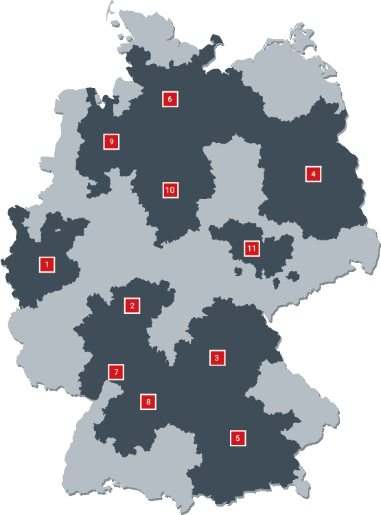 Die Landkarte stellt die einzelnen Metropolregionen Deutschlands dar, in denen die Hamborner Reit AG investiert