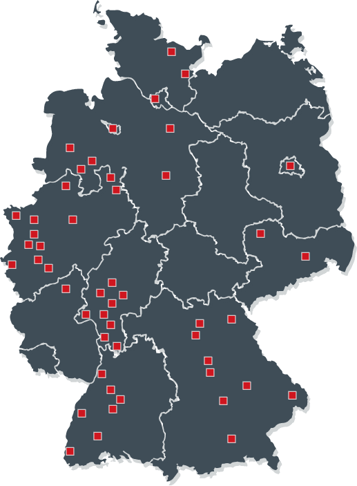 The graphic represents a map of Germany on which different locations are marked.